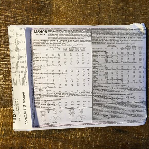 McCalls Sewing Pattern M5498 Misses Cosplay Costume Mermaid Ariel Jasmine UNCUT - Picture 2 of 3